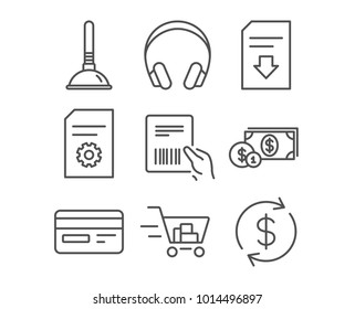 Set of Shopping cart, Credit card and Dollar money icons. Plunger, File settings and Download file signs. Headphones, Parcel invoice and Usd exchange symbols. Vector