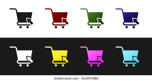 Set Shopping cart with cursor icon isolated on black and white background. Online buying concept. Delivery service sign. Supermarket basket symbol. Vector Illustration