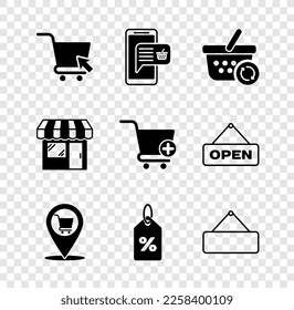 Set Shopping cart with cursor, Mobile and shopping basket, Refresh, Location, Discount percent tag, Signboard hanging, Market store and Add icon. Vector