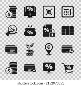 Set Shopping cart, Discount card with percent, Credit chip, Safe, Purse money, tag, Coin dollar and Finance document and lock icon. Vector