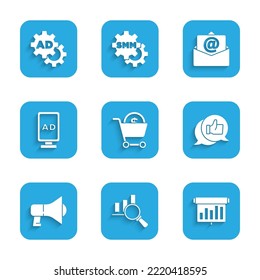 Set Shopping cart and dollar, Magnifying glass analysis, Board with graph chart, Customer product rating, Megaphone, Advertising, Mail e-mail and  icon. Vector