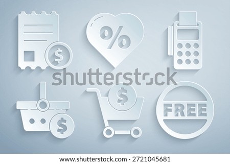 Set Shopping cart and dollar, POS terminal with credit card, basket, Price tag Free, Discount percent heart and Paper check financial check icon. Vector