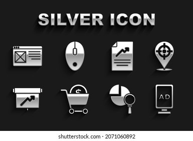 Establecer carrito de compras y dólar, Deporte de destino, Publicidad, Análisis de cristal de aumento, Tabla con gráfico de gráficos, Documento, ventana del navegador e icono del ratón de ordenador. Vector
