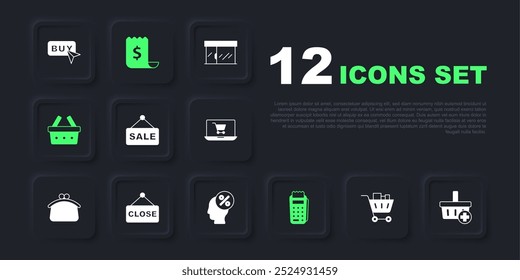 Set Shopping cart and food, Add to basket, Hanging sign with text Sale, POS terminal, Closed, Paper check financial check and Discount percent tag icon. Vector