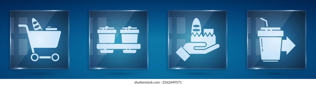 Set Shopping cart and food, Coffee cup to go, Online ordering and delivery and Coffee cup to go. Square glass panels. Vector