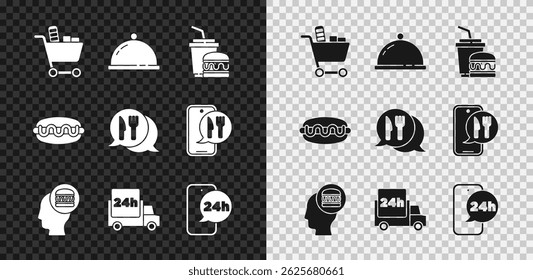 Set Shopping cart and food, Covered with tray of, Paper glass burger, Online ordering delivery, Fast by, Food, Hotdog sandwich and Cafe restaurant location icon. Vector