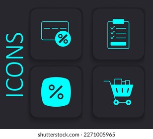 Set Shopping cart and food, Discount card with percent, Clipboard checklist and tag icon. Black square button. Vector