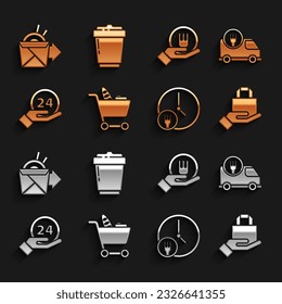 Set Shopping cart and food, Fast delivery by, Online ordering, Round the clock, Clock 24 hours, noodles and Coffee cup to go icon. Vector