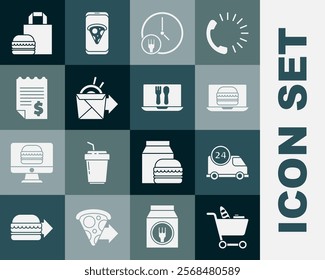 Set Shopping cart and food, Fast delivery by, Online ordering burger, Round the clock, noodles, Paper financial check,  and  icon. Vector