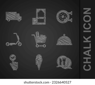 Set Shopping cart and food, Ice cream, Cafe restaurant location, Covered with tray of, Online ordering delivery, Scooter, Donut and Fast by icon. Vector