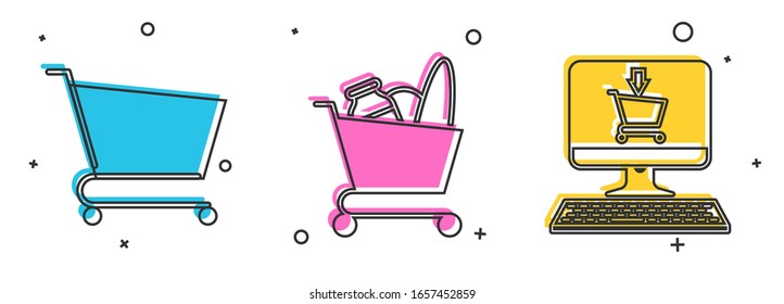Set Shopping cart, Shopping cart and food and Shopping cart on screen computer icon. Vector