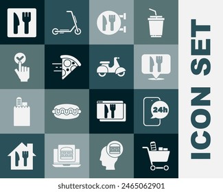 Set Shopping cart and food, Food ordering, Cafe restaurant location, Online pizza delivery,  and Scooter icon. Vector