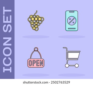 Set Shopping cart, Grape fruit, Hanging sign with Open and Percent discount and mobile icon. Vector