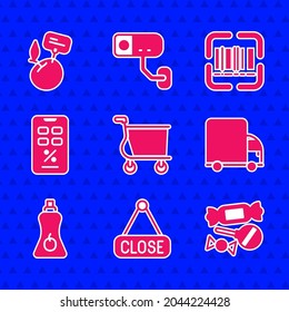 Set Shopping cart, Hanging sign with Closed, Candy, Delivery cargo truck, Sauce bottle, Percent discount mobile, Scanner scanning bar code and Supermarket food products price label icon. Vector