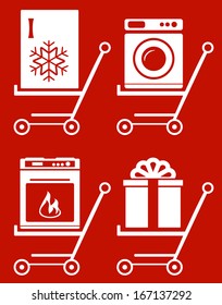 set shopping cart with home appliance on red background