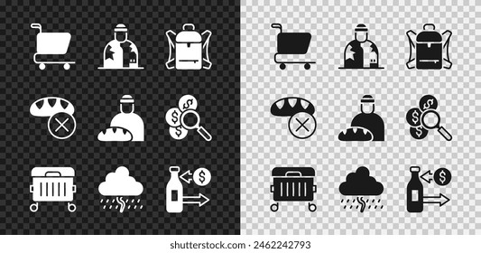 Set Shopping cart, Homeless, Hiking backpack, Trash can, Cloud with rain, Reception of glass bottles, Donation food and Feeding the homeless icon. Vector