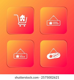 Set Shopping cart with house, Hanging sign Open, For Sale and Sold icon. Vector