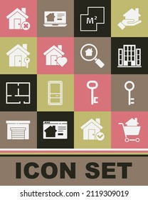 Set Shopping cart with house, House key, plan, heart shape, wrong mark and Search icon. Vector