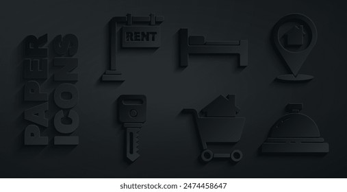 Set Shopping cart with house, Location, House key, Hotel service bell, Bed and Hanging sign Rent icon. Vector