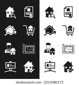 Set Shopping cart with house, Rising cost of housing, Search, House contract, Realtor, plan, check mark and Hanging sign For Sale icon. Vector