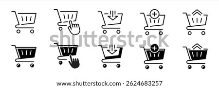 set of shopping cart icon. containing trolley, add to cart, purchase, checkout with arrow thin line and flat icon for your app and web. vector illustration
