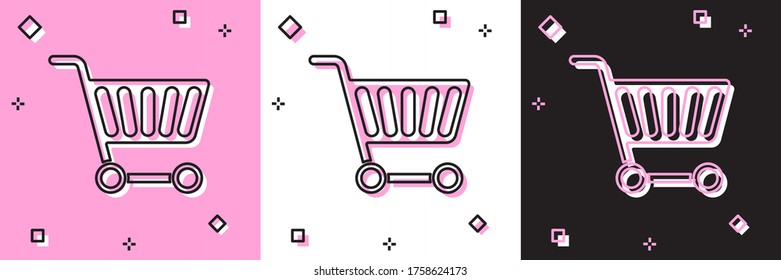 Set Shopping cart icon isolated on pink and white, black background. Online buying concept. Delivery service sign. Supermarket basket symbol. Vector Illustration