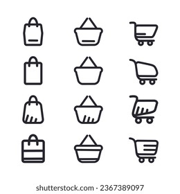 Set shopping cart  icon. Online store, shop basket, bag. Vector illustration isolated on white background. For sale, add, app.
