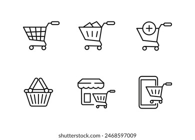 Set of shopping cart icons with black line style on a white background