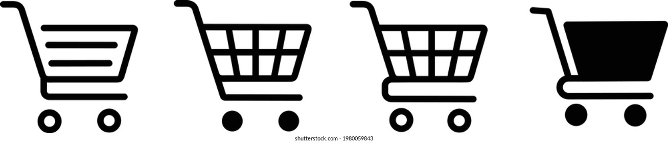 Set of shopping cart icons. Collection of web icons for online store, from various cart icons in various shapes. Shopping cart line and flat icon. Full and empty shopping cart. Editable stroke isolate