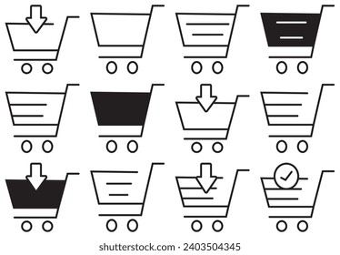 Set of shopping cart icons. Collection of web icons for online store, from various cart icons in various shapes. Shopping cart, bag concept. Vector illustration isolated on white background. EPS 10.