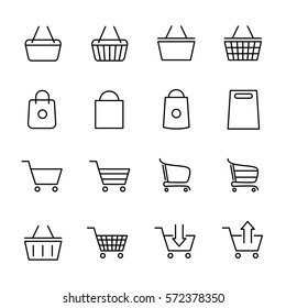 Set of shopping cart icons in modern thin line style. High quality black outline bag symbols for web site design and mobile apps. Simple cart pictograms on a white background.