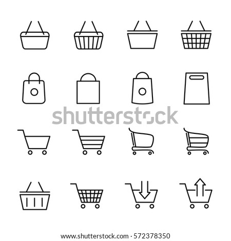 Set of shopping cart icons in modern thin line style. High quality black outline bag symbols for web site design and mobile apps. Simple cart pictograms on a white background.