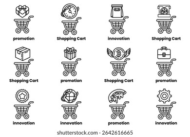 A set of shopping cart icons with a variety of features such as promotion, shopping cart, and innovation