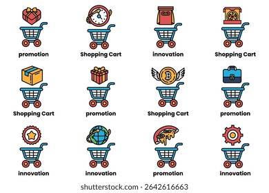 A set of shopping cart icons with various features such as promotion, shopping cart, and innovation. The icons are colorful and eye-catching, and they convey the idea of shopping and shopping carts