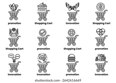 A set of shopping cart icons with various features such as promotion, shopping cart, and shopping cart