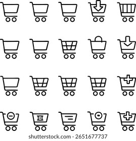 Um conjunto de ícones de carrinho de compras em vários estilos, perfeito para e-commerce e projetos de varejo. Cada ícone representa uma ação ou recurso diferente relacionado a compras. 160º