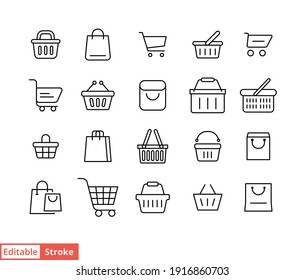 Set of shopping cart line icons. Simple outline style for web template and app. Online store, shop basket, bag concept. Vector illustration isolated on white background. Editable stroke EPS 10