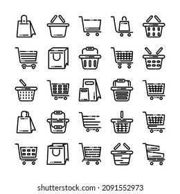 Set of shopping cart line icons. Collection for Online store, shop basket, bag concept. Editable stroke. 48x48 Pixel Perfect. Vector illustration isolated on white background.