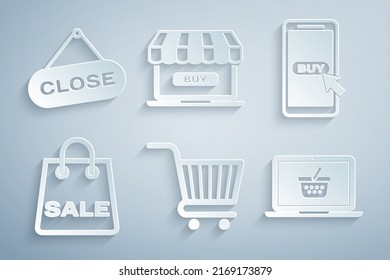 Set Shopping Cart, Mobile And Shopping, Bag With Sale, Basket On Laptop, Online And Hanging Sign Close Icon. Vector