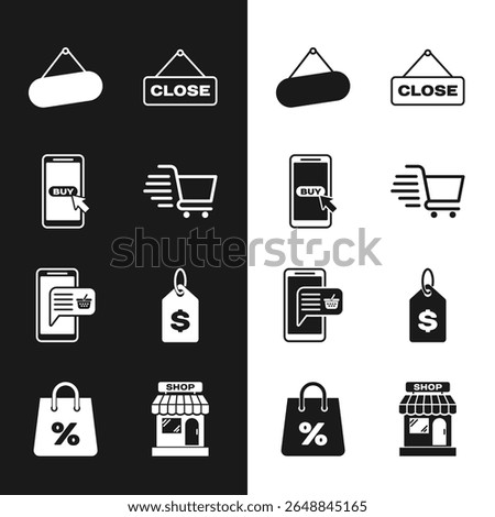Set Shopping cart, Mobile and shopping, Signboard hanging, Hanging sign with Close, basket, Price tag dollar, Market store and bag percent icon. Vector
