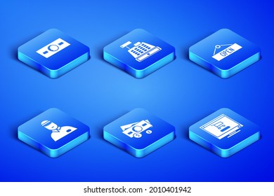 Set Shopping cart on computer, Paper money cash, Stacks paper, Seller, Cash register machine and Hanging sign with Open icon. Vector