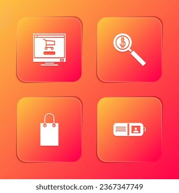 Set Shopping cart on computer, Magnifying glass and dollar, Paper shopping bag and Wallet icon. Vector