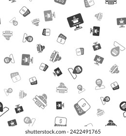 Set Shopping cart on computer, New price tag dollar, Location Market store and Wooden box for fruits on seamless pattern. Vector