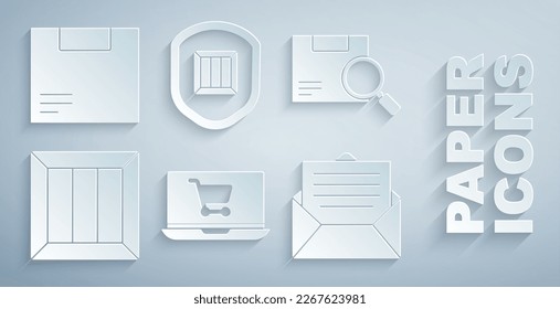 Set Shopping cart on laptop, Search package, Wooden box, Envelope, Delivery security with shield and Carton cardboard icon. Vector