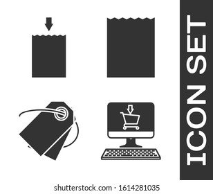 Set Shopping cart on screen computer, Paper shopping bag, Blank label template price tag and Paper shopping bag icon. Vector