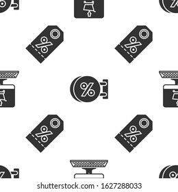 Set Shopping cart on screen computer, Signboard hanging with an inscription discount percent and Discount percent tag on seamless pattern. Vector