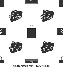 Set Shopping cart on screen laptop, Paper shopping bag and Credit card on seamless pattern. Vector