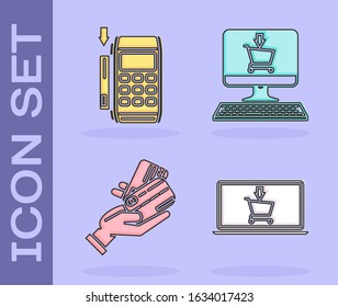 Set Shopping cart on screen laptop, Pos terminal with inserted credit card, Human hand holding with credit card and Shopping cart on screen computer icon. Vector