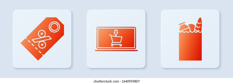 Set Shopping cart on screen laptop, Discount percent tag and Paper shopping bag and food. White square button. Vector