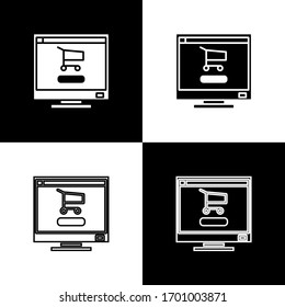 Legen Sie den Warenkorb auf dem Bildschirm-Computersymbol einzeln auf schwarz-weißem Hintergrund fest. Konzept E-Commerce, E-Business, Online Business Marketing. Vektorillustration-Illustration
